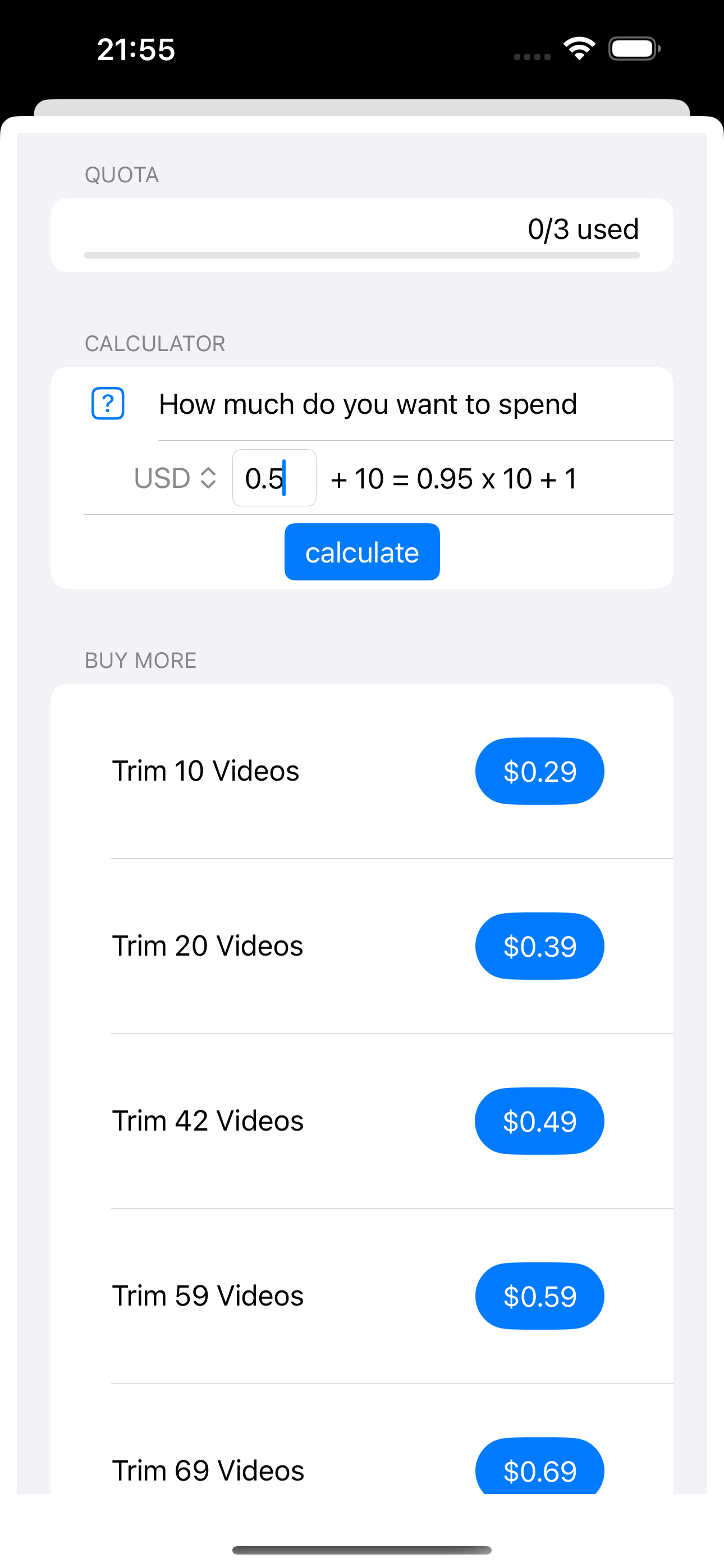 calculate how to spend all app store balance - trim video app