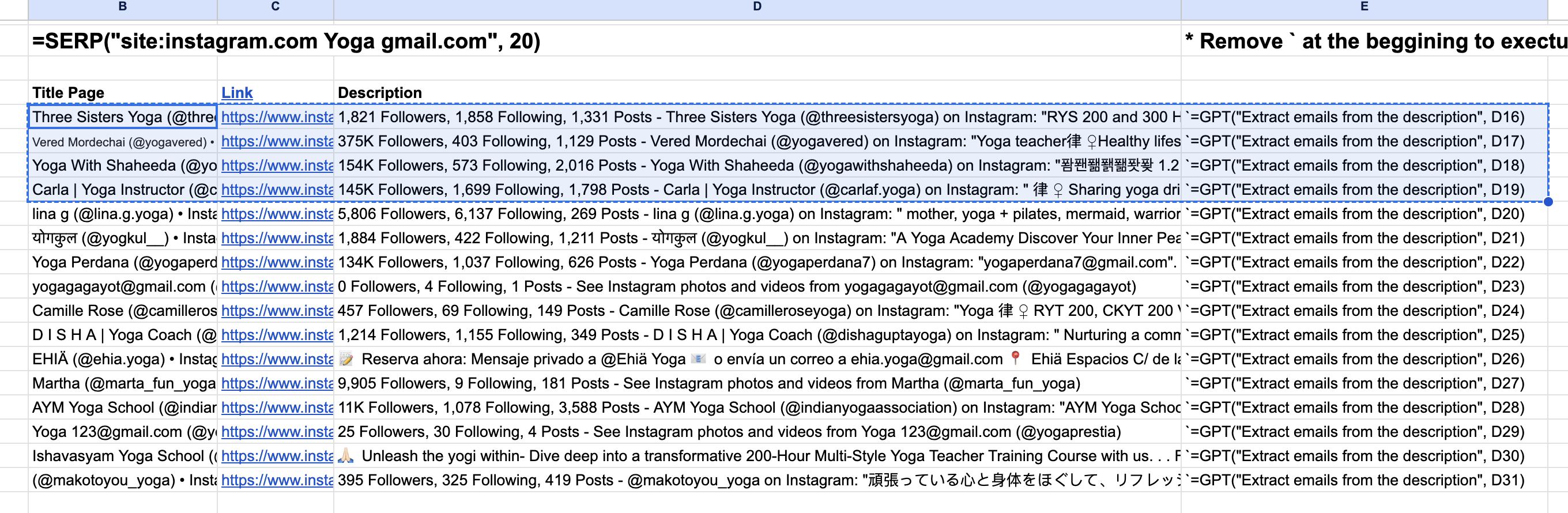 Extract emails from Instagram in Google Sheets