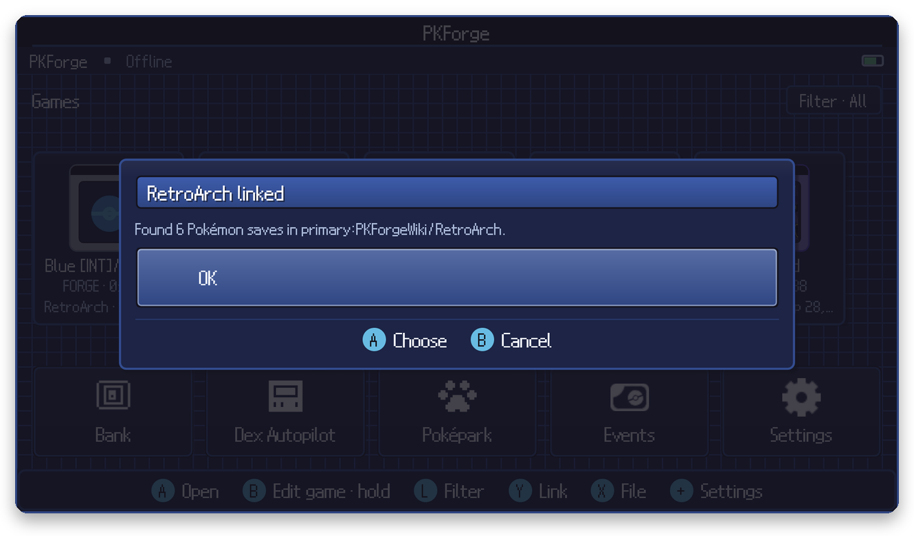 RetroArch linked, 6 saves found