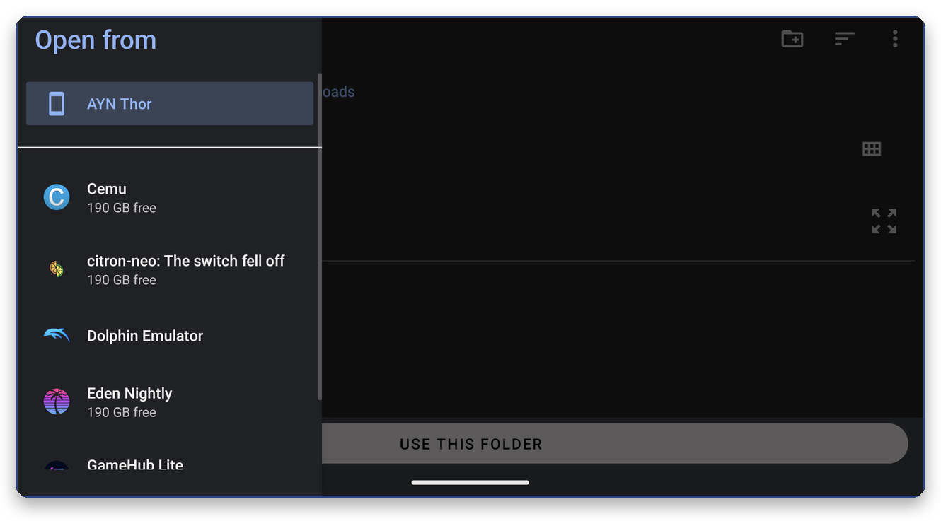 The picker side menu with emulator entries