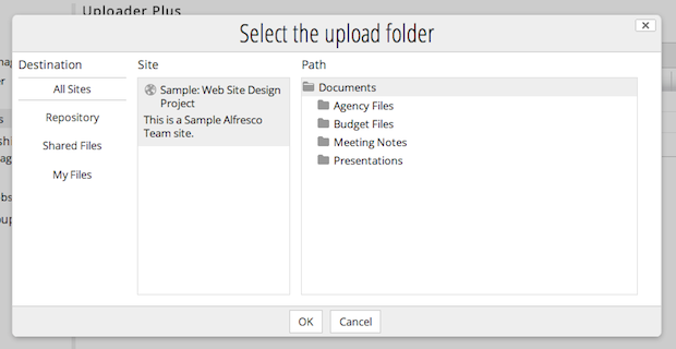 Alfresco uploader-plus: admin selection of folder