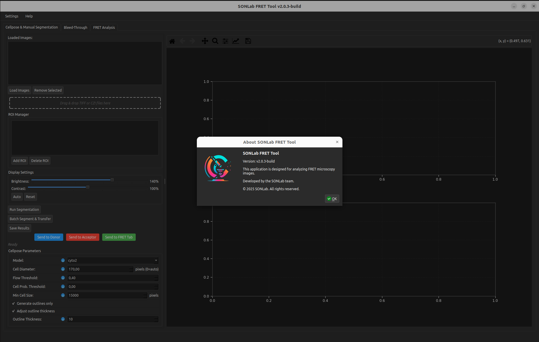 The application in dark theme with the About dialog open