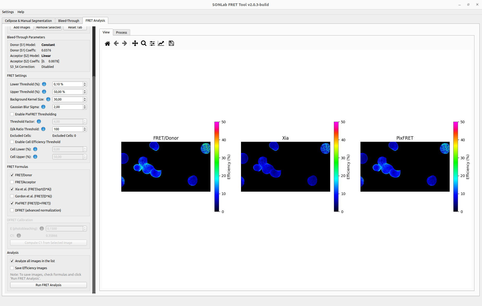 Several FRET formulas selected, each rendered as its own efficiency map