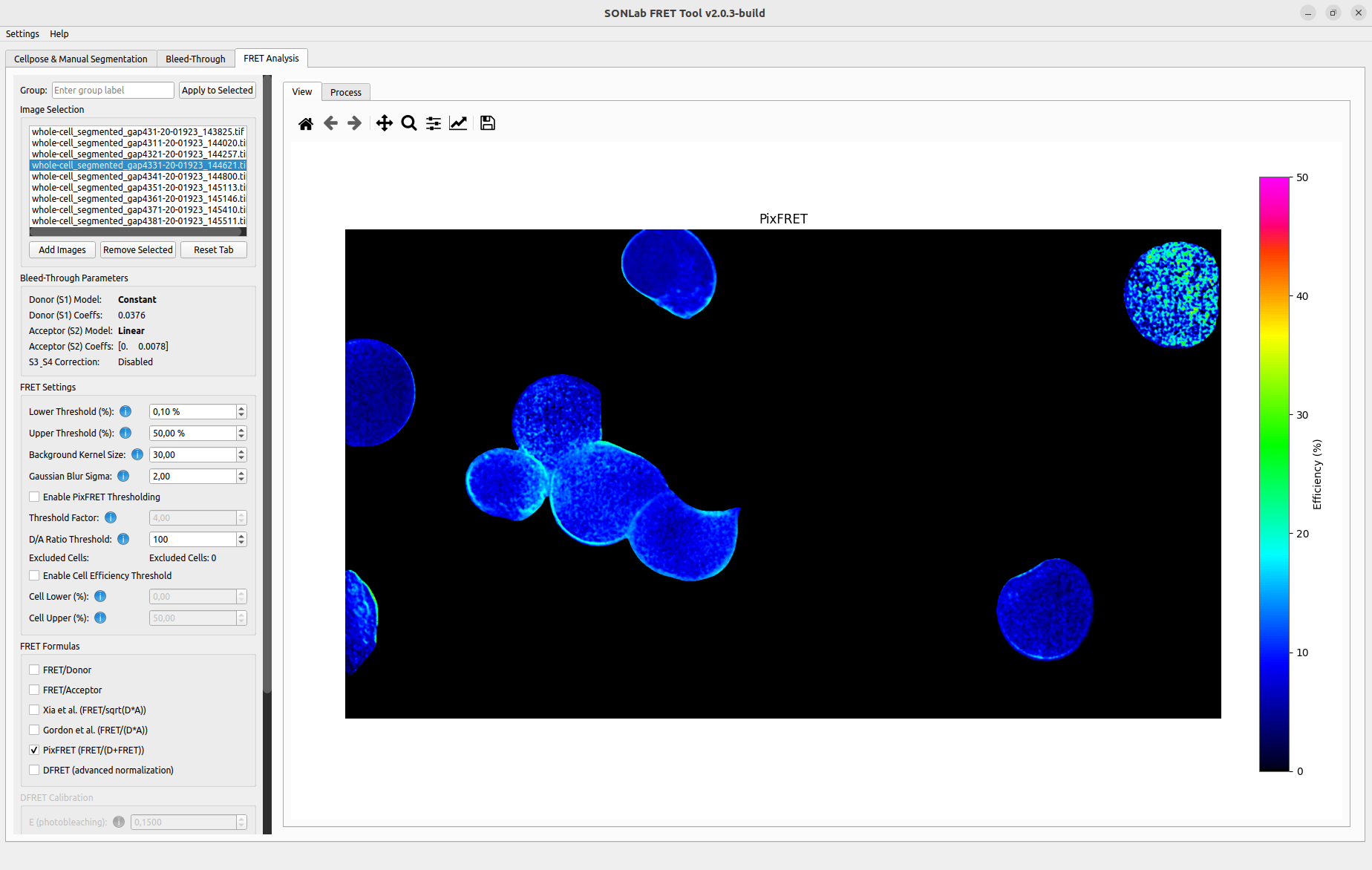 The FRET Analysis tab with a PixFRET efficiency map