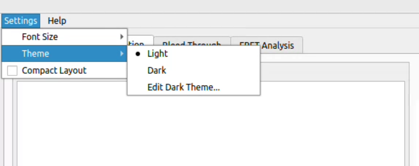 The expanded Settings menu showing Font Size, Theme, and Compact Layout