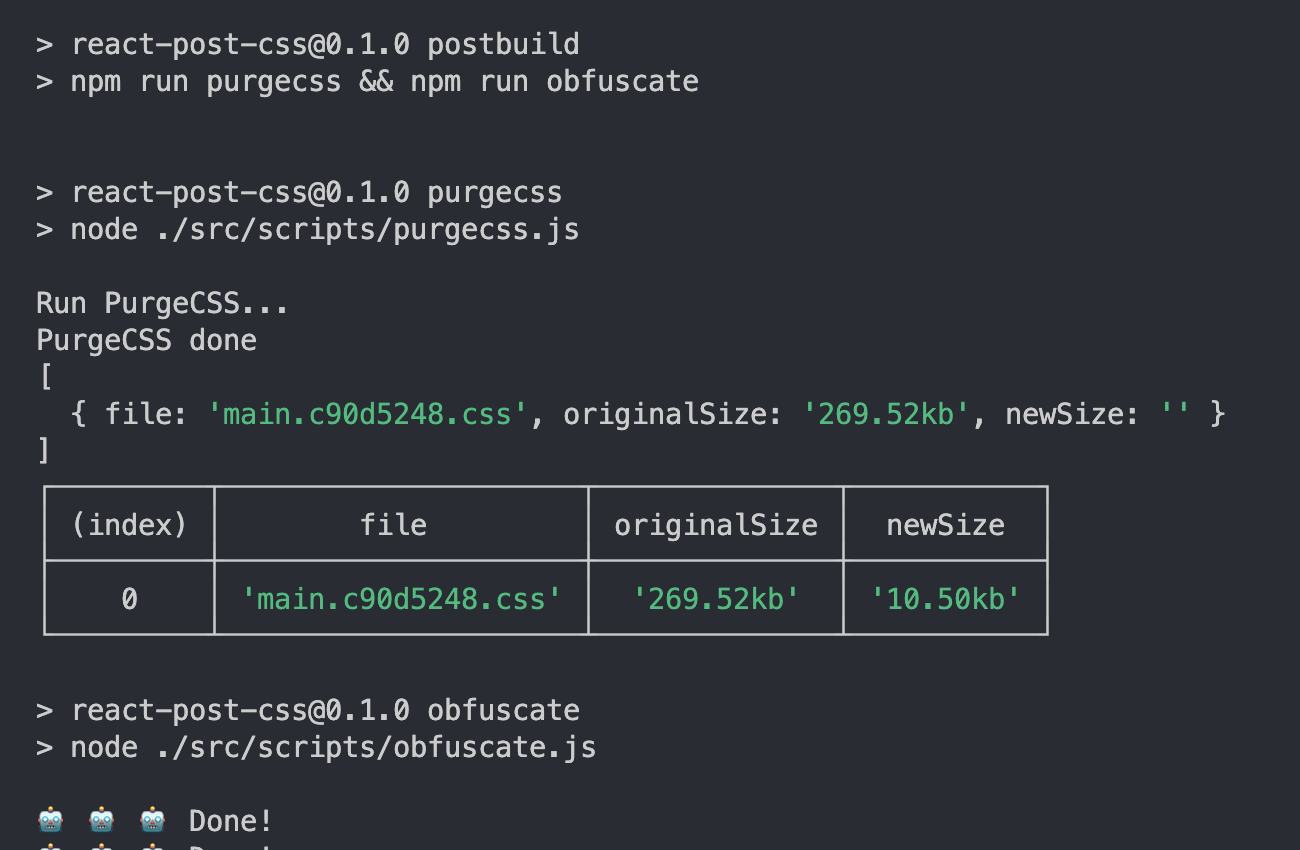 React Removing Unused CSS and Obfuscate JavaScript in Post Build Process