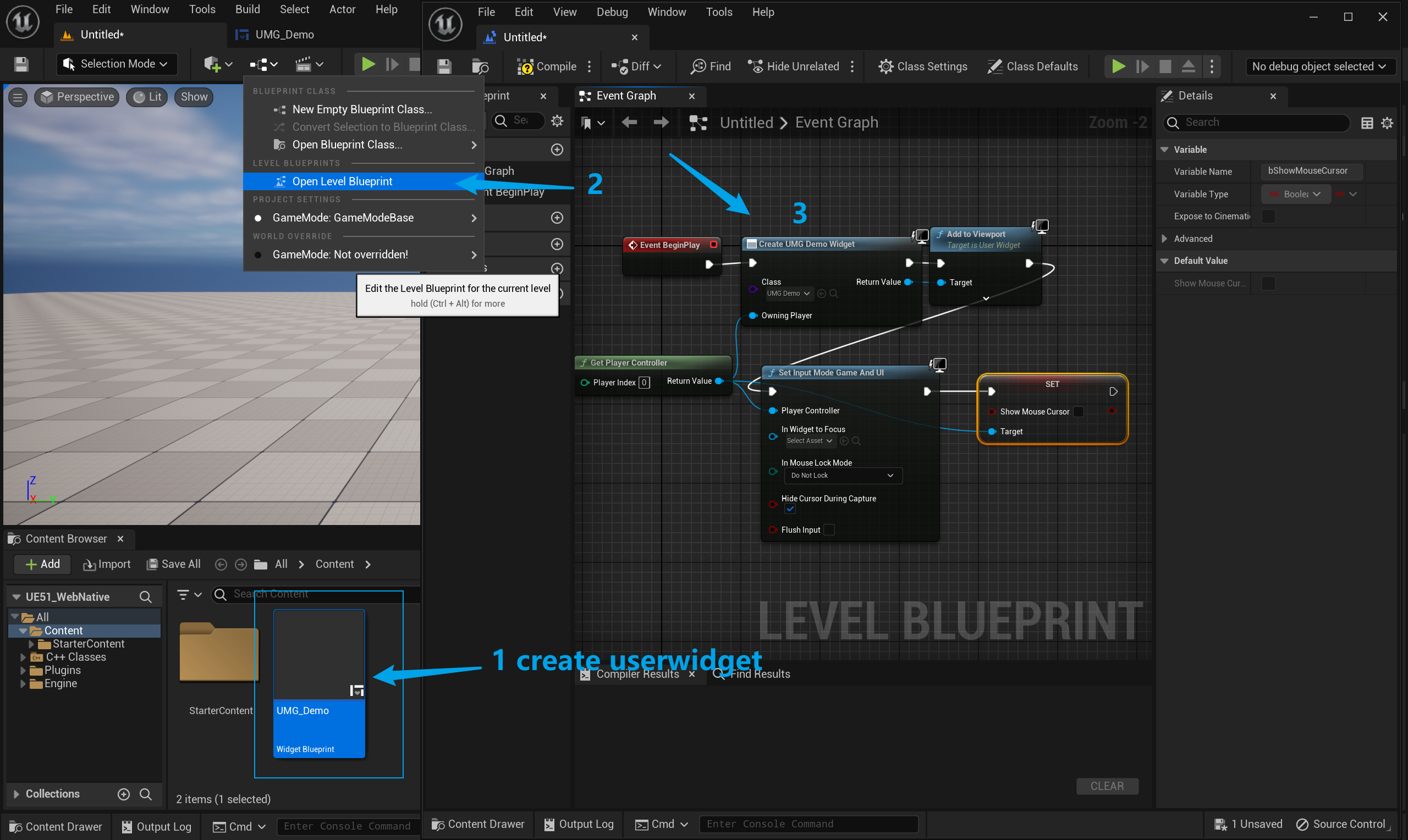 Create Widget 与 Add to Viewport 蓝图节点