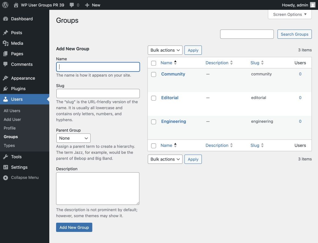 The Groups administration screen