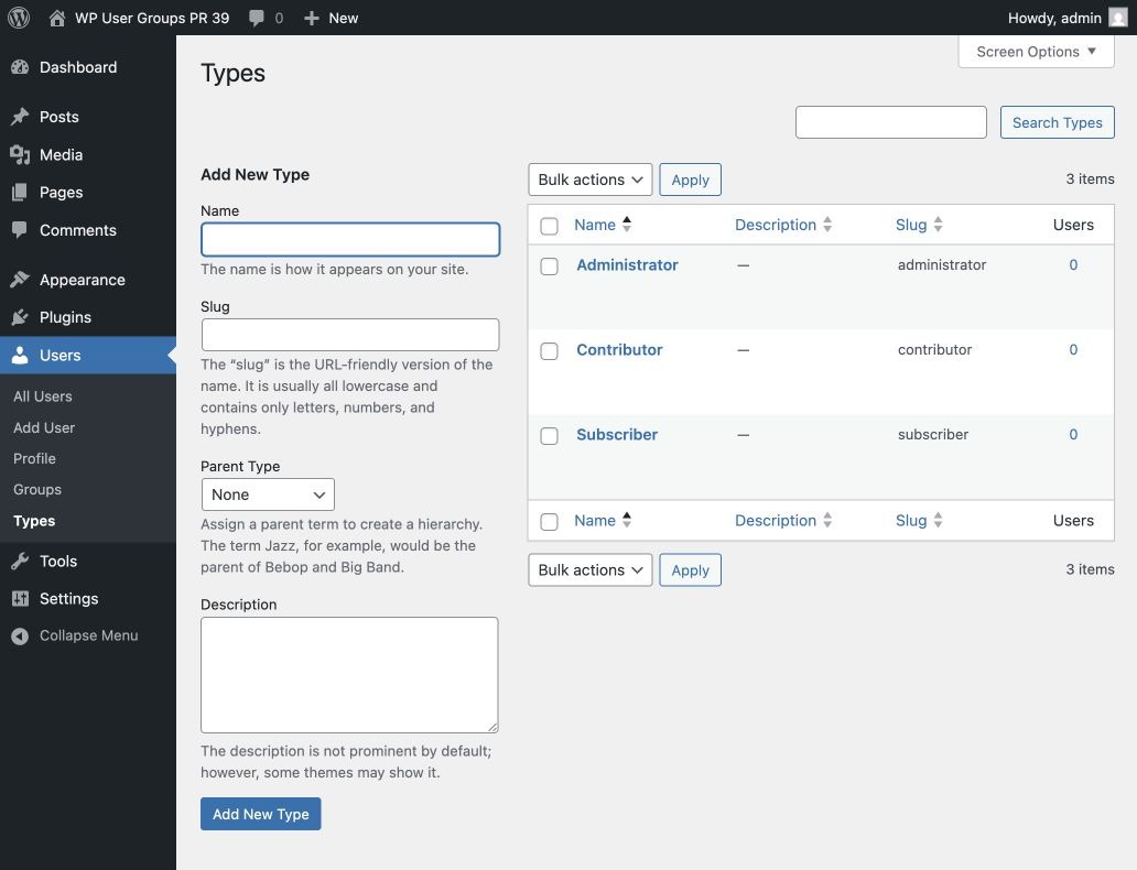 The Types administration screen