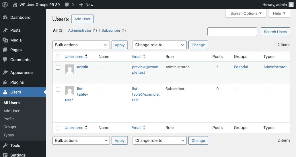 Users with Groups and Types columns