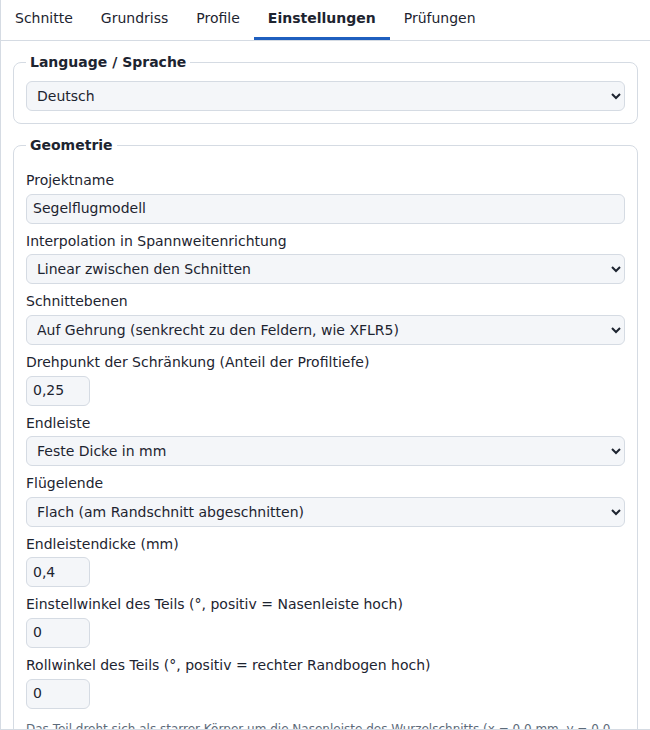 Registerkarte Einstellungen: Gruppe Language / Sprache, Gruppe Geometrie mit Flügelende, Gruppe Auflösung