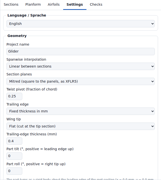 Settings tab: Language group, Geometry group with Wing tip, Resolution group