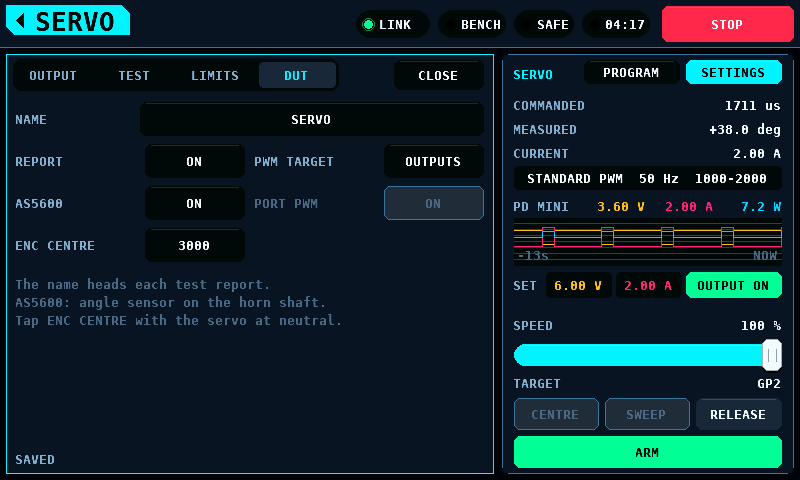 The DUT page with the output encoder on