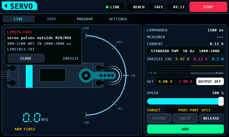 The servo's pulses outside PULSE MIN and PULSE MAX