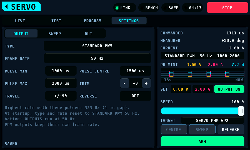 The servo's settings