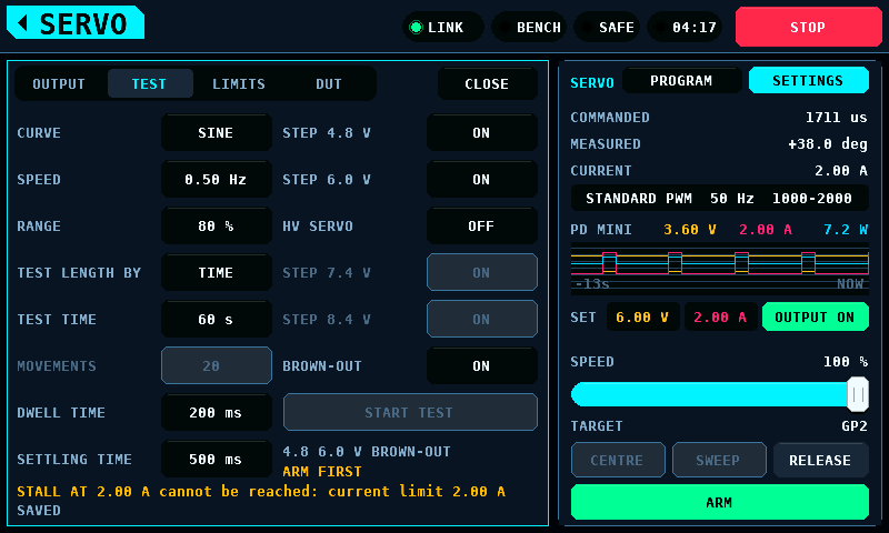 The automatic test's settings