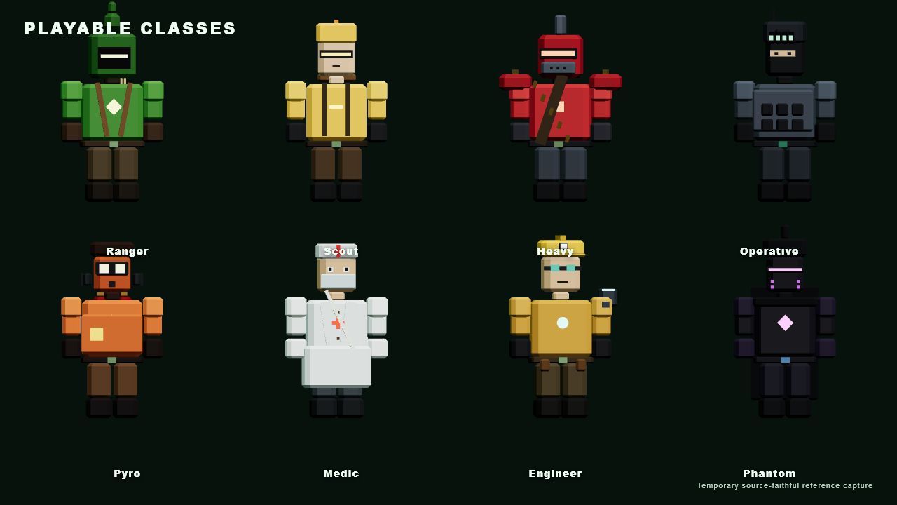 All eight playable class models
