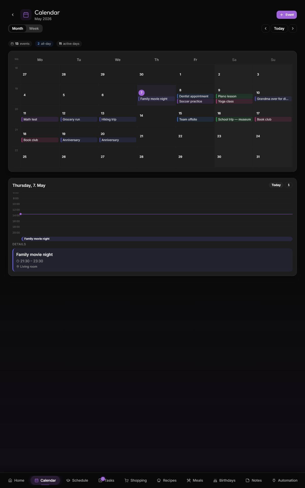Calendar — month view rendering Google-synced events with per-person colors