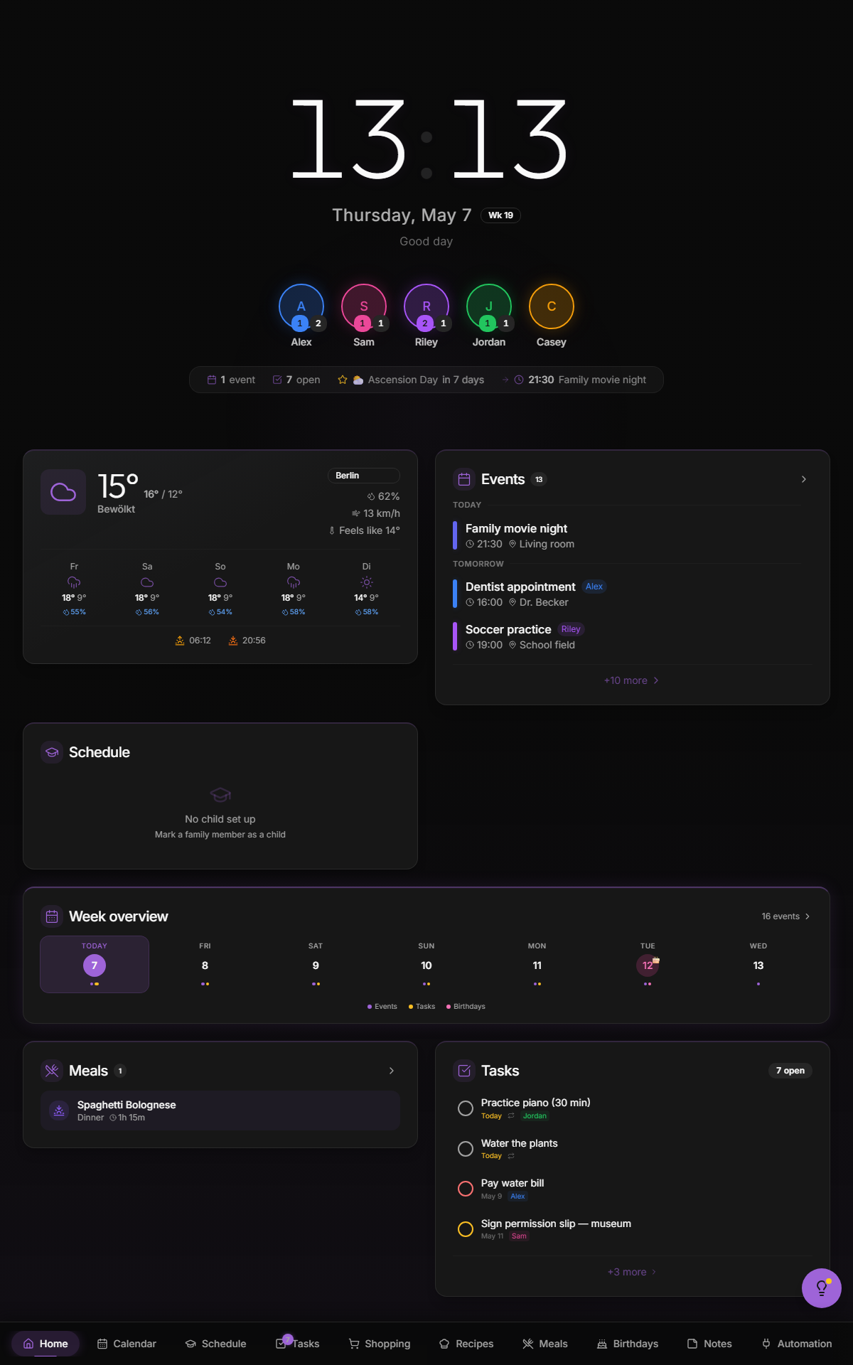 Kinboard dashboard — kitchen-kiosk portrait view