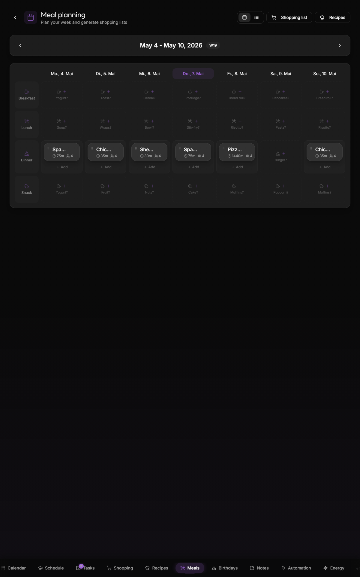 /meals — 14-day meal-plan board