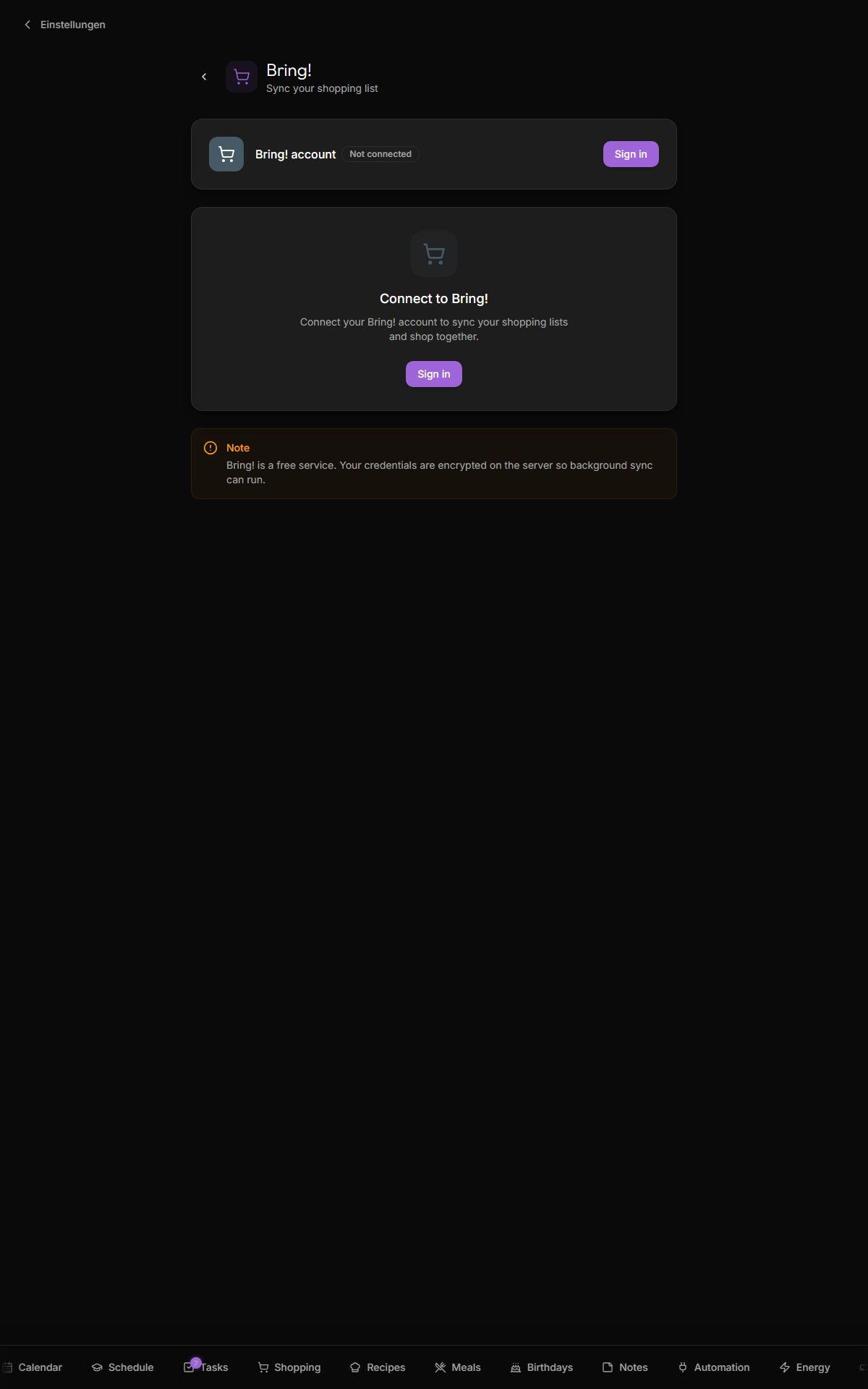 Settings — Bring!: connection form and shared list selector