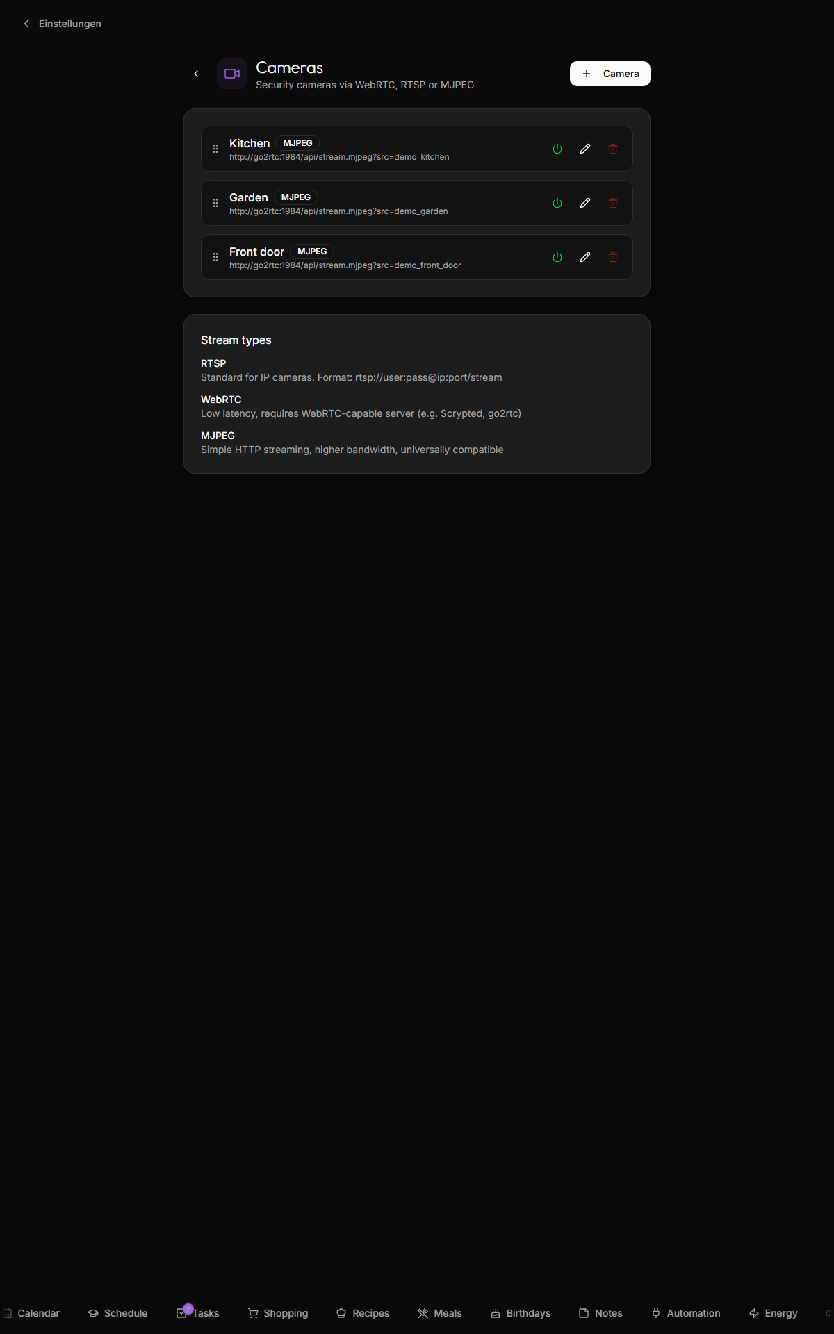 Settings — cameras: camera list with stream type, position and edit controls
