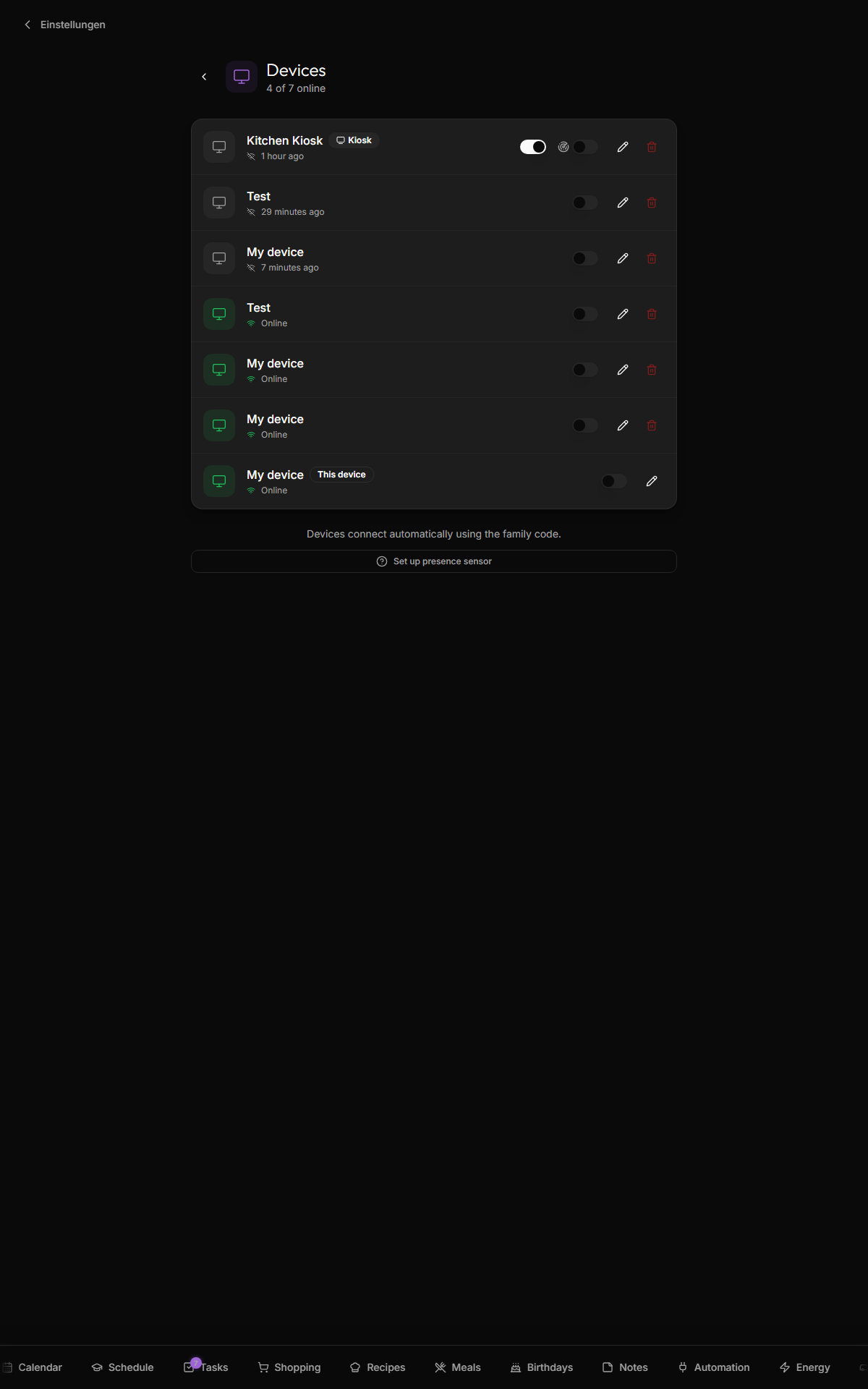 Settings — devices: list of joined devices with last-seen and rejoin code