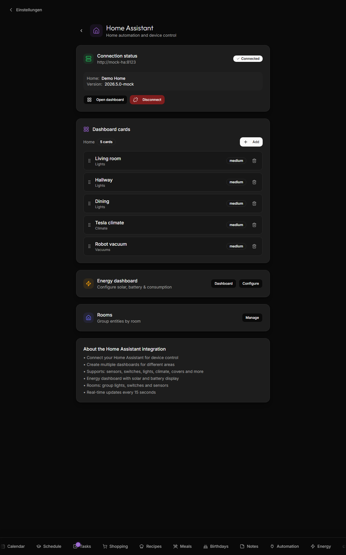 Settings — Home Assistant: connection status, dashboards and entity browser