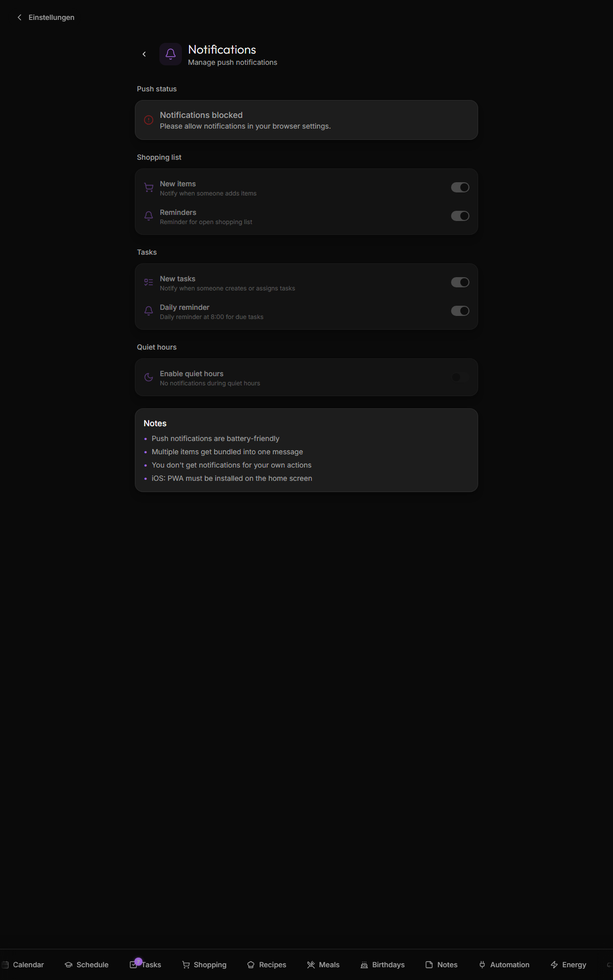 Settings — notifications: subscription toggle, per-event preferences and quiet hours