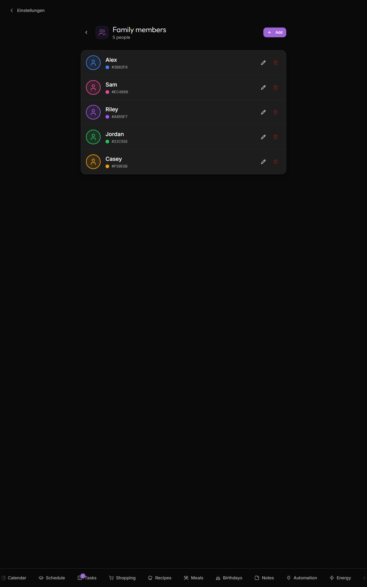 Settings — family members: per-person colors, names and roles