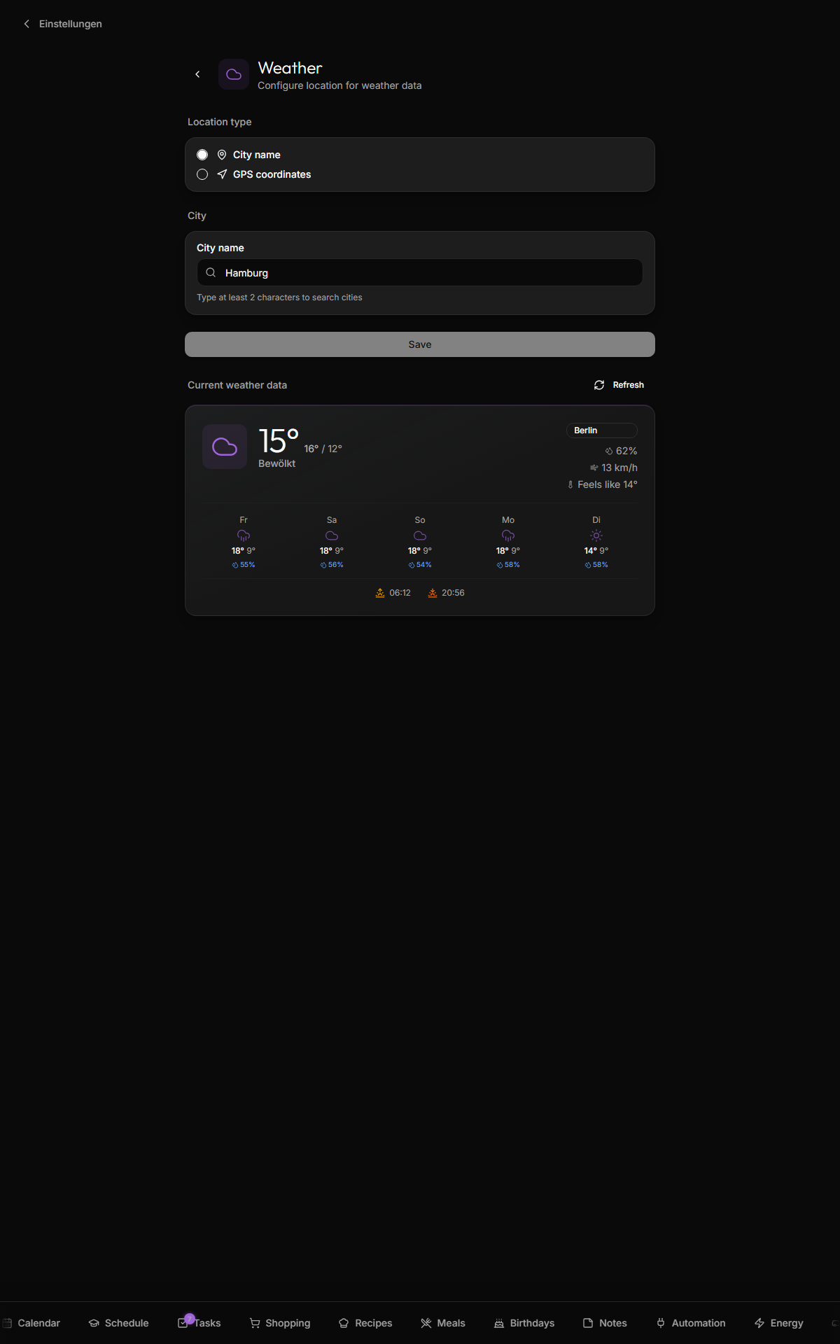 Settings — weather: location and OpenWeatherMap connection