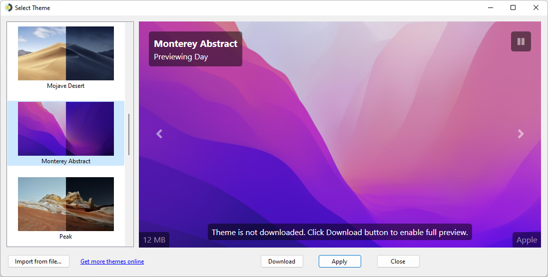 Screenshot of Select Theme window