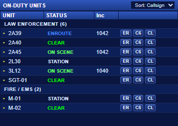 On-Duty Units list (LEO + Fire/EMS sections)