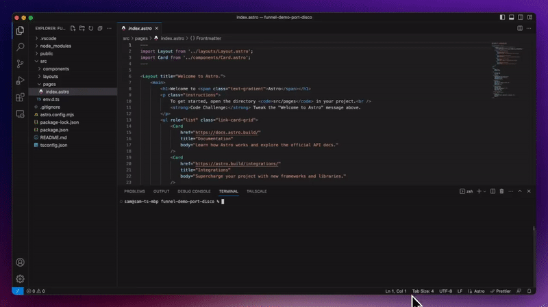 A demo showing the VS Code extension's port discovery feature used to serve local port 3000 (an Astro boilerplate app) to a public URL with Tailscale Funnel