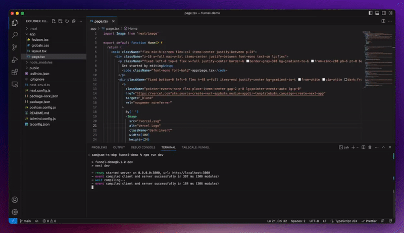 A demo showing the VS Code extension's palette view used to serve local port 3000 (a Next.js boilerplate app) to a public URL with Tailscale Funnel