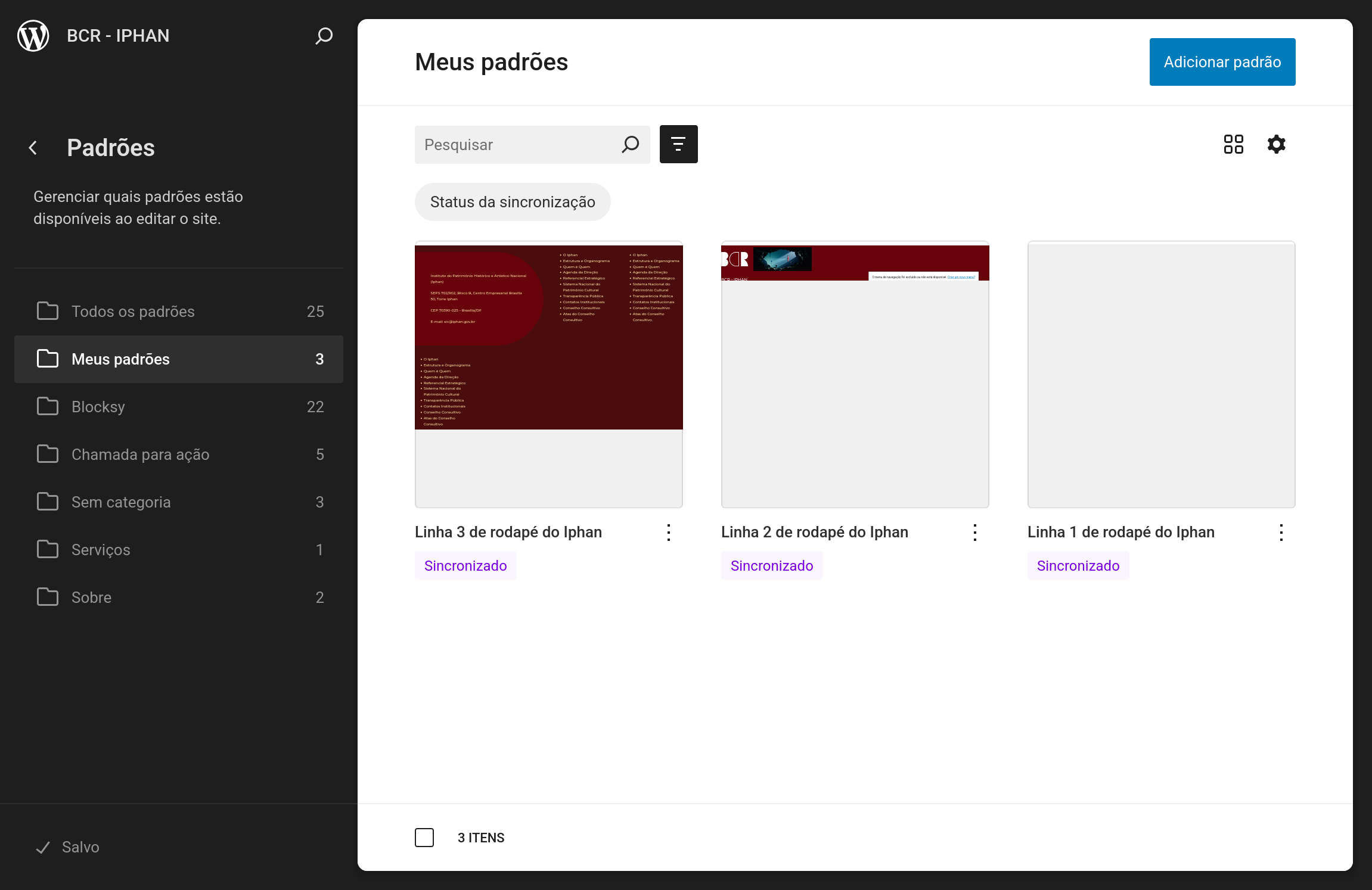 Captura de tela da lista de padrões
