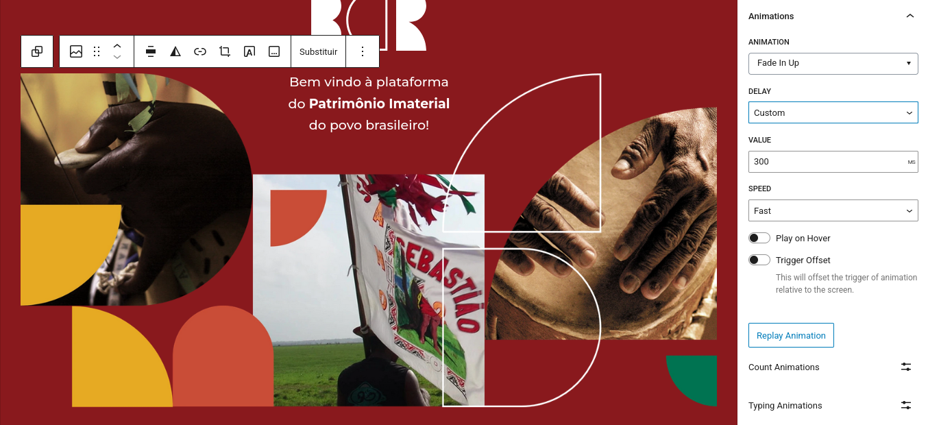 Captura de tela do bloco de animações
