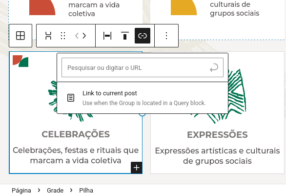 Captura de tela de um link sendo configurado em um bloco de grupo