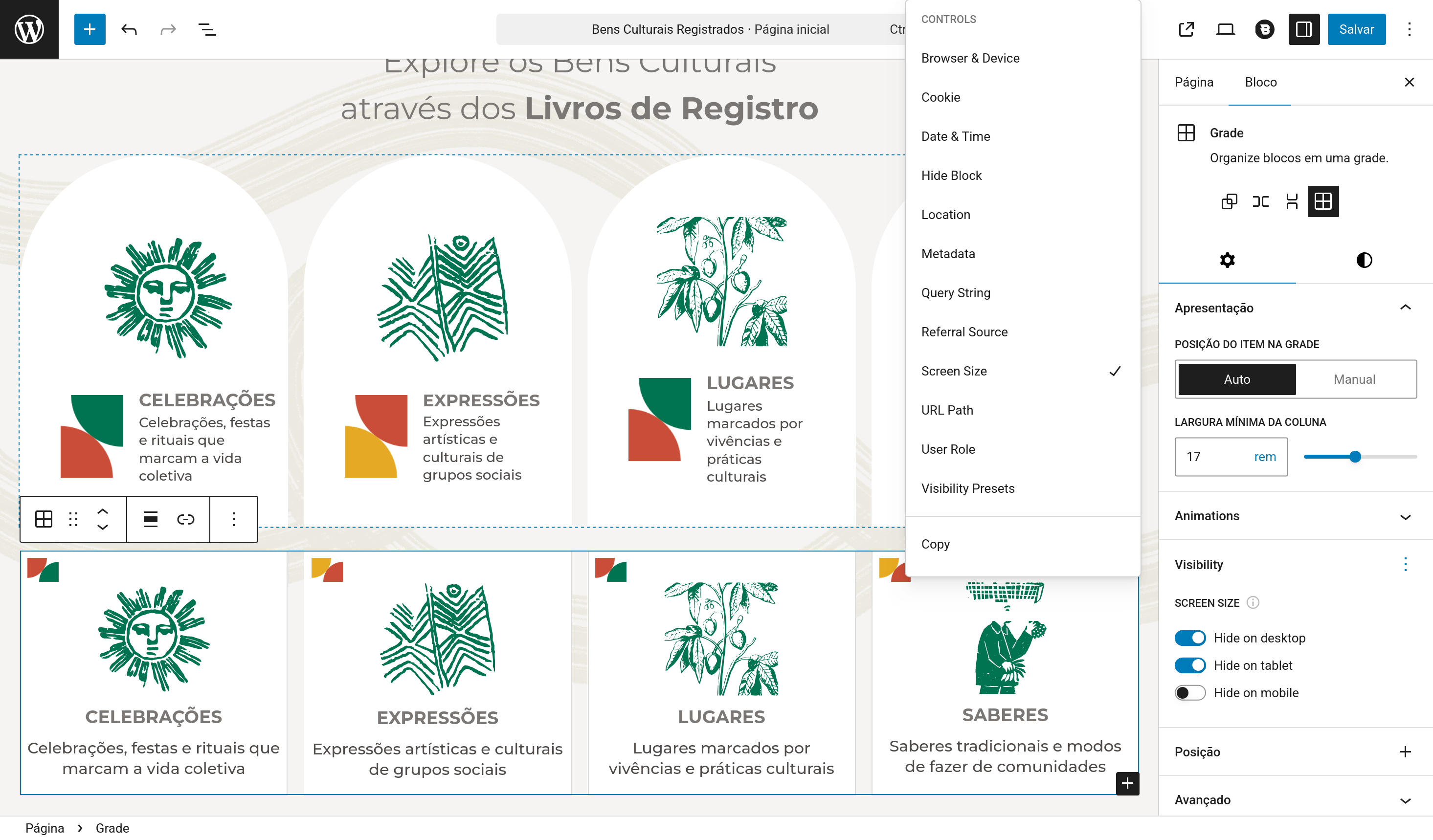 Captura de tela das configurações de visibilidade em um bloco