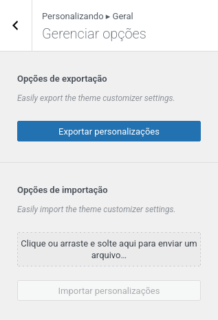Captura de tela do menu personalizar com a funcionalidade de importar customizações