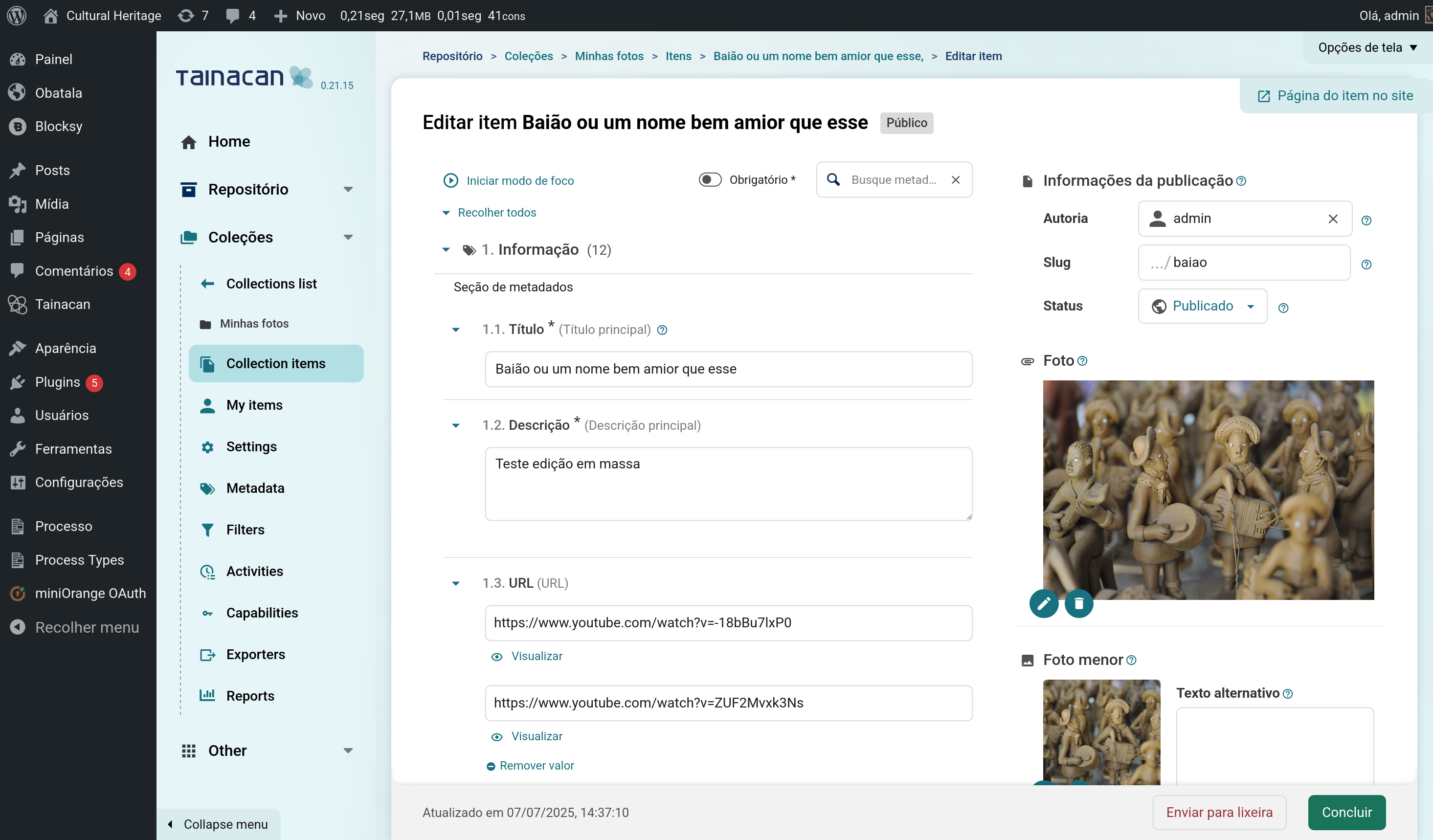 Captura de tela da gestão de um item do plugin Tainacan