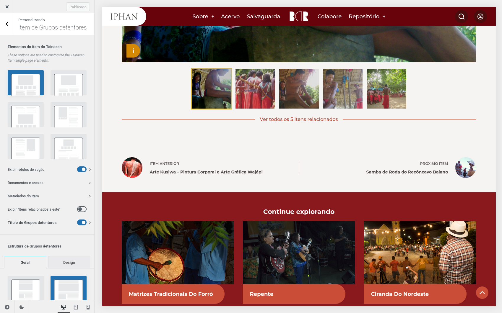 Captura de tela do menu personalizar customizando a página de um item do Tainacan
