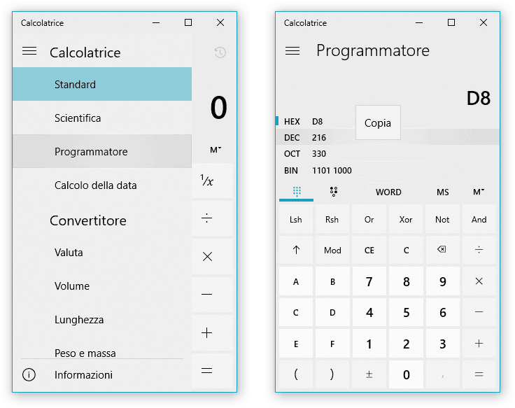 Usare la calcolatrice di Windows per convertire numeri esadecimali in decimali screenshot Calcolatrice