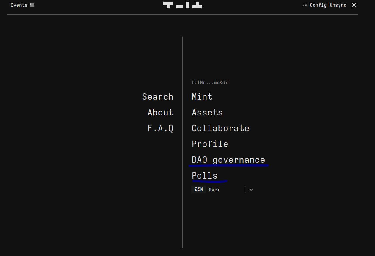 screenschot of the two new menue items on teia: "DAO governance" and Polls"