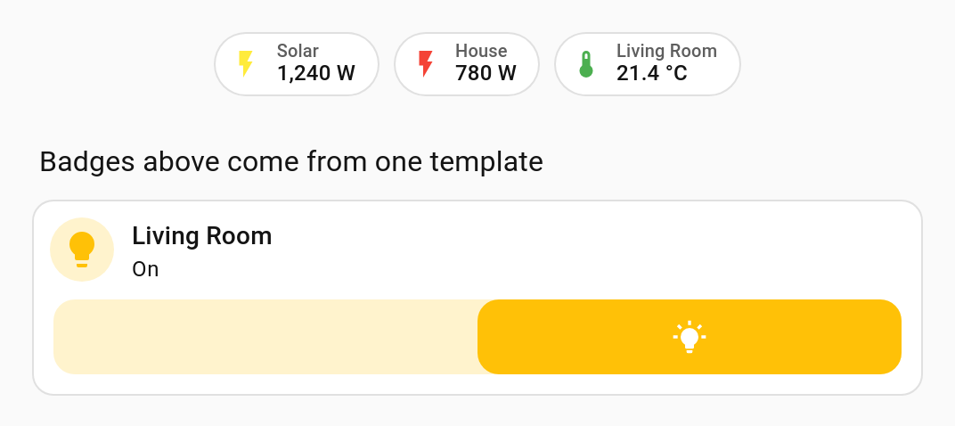 Three badges built from one template, in yellow, red and green