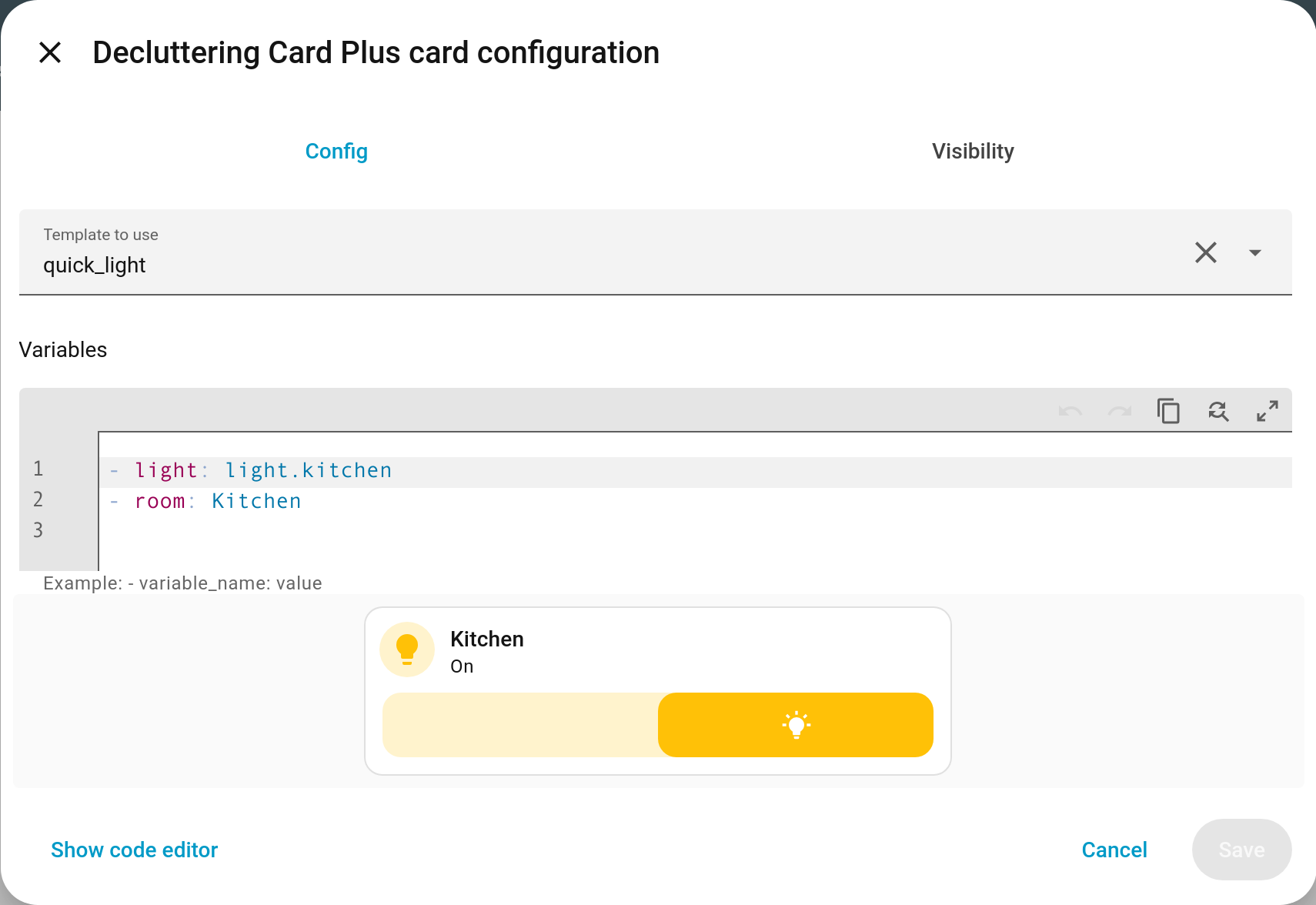 The card editor with a template dropdown, variables field and live preview
