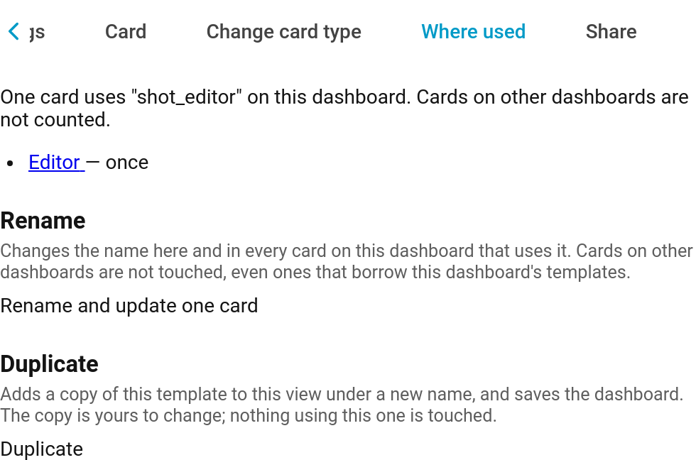 The Where used tab, with rename and duplicate