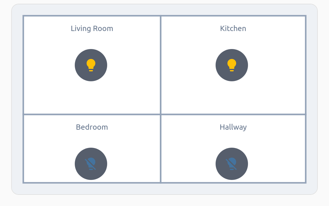 A floorplan with four templated state-icon markers, two lit and two off