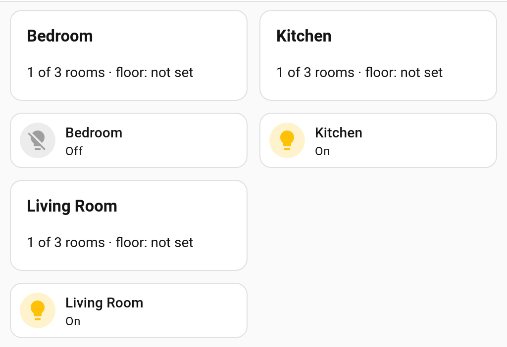 Three room cards, each listing the light in that room