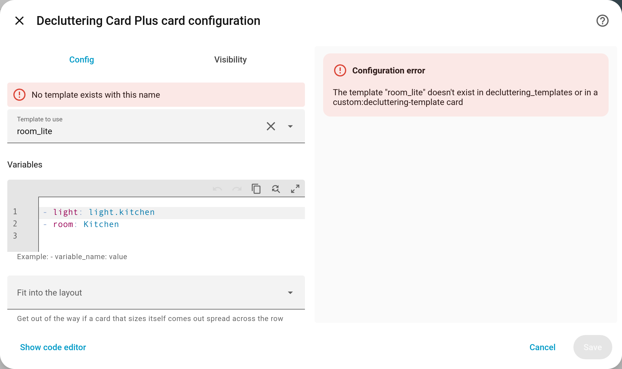 The card editor showing "No template exists with this name" under the template field
